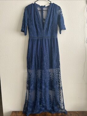 Navy Lace Maxi Dress with Deep V-Neck